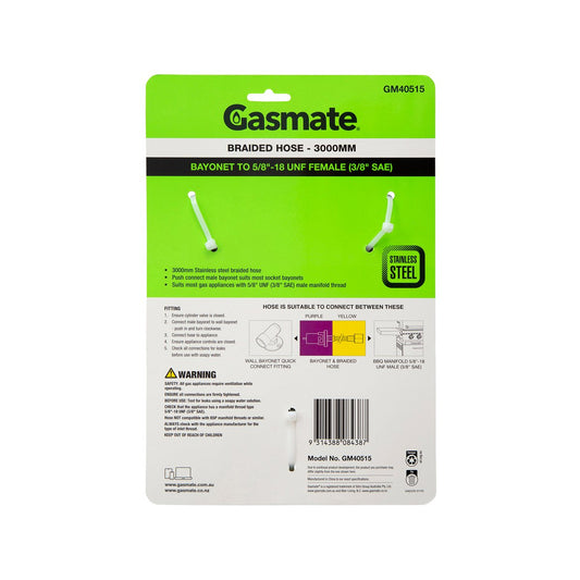 Gasmate Braided Hose 3000mm Bayonet to 5/8" UNF - Durable Gas Connection – view 2 - Auzzistore