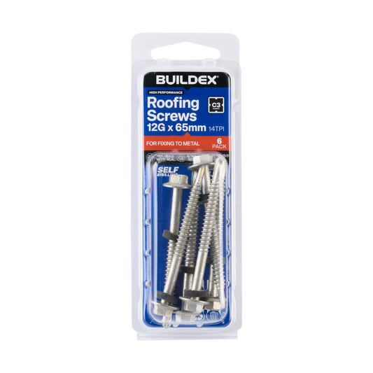 Buildex Roofing Teks Screws - 12g x 65mm - 6 Pack - Class 3 Corrosion Protection - Self-Drilling - Auzzistore