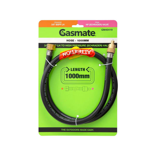 Gasmate Hose 1000mm 3/8" BSPP LH to High Pressure Schrader Valve - Durable Safety Connection - Auzzistore