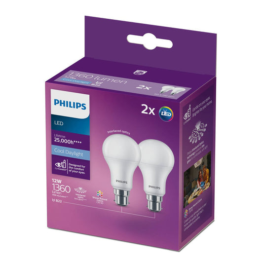 Philips A60 B22 LED Globe 2 Pack - 1360lm - 12W - Cool Daylight