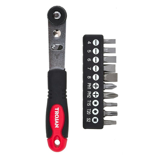 Trojan 11 Piece Ratchet Screwdriver Set - 82mm x 30mm x 183mm - Red Black