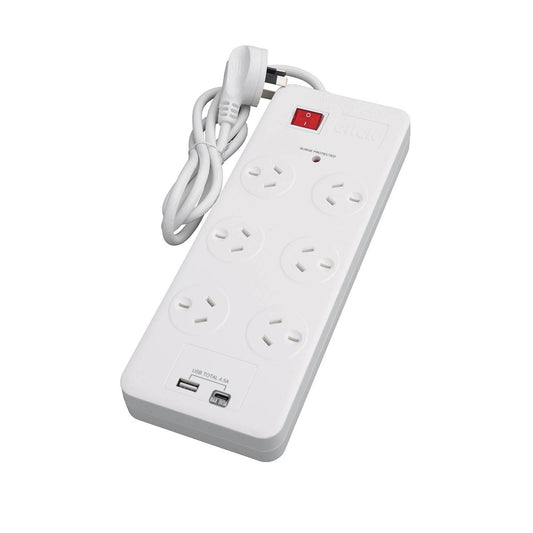 Click 6 Outlet Power Board with USB Charger - 240V - Surge Protection - 1m Lead