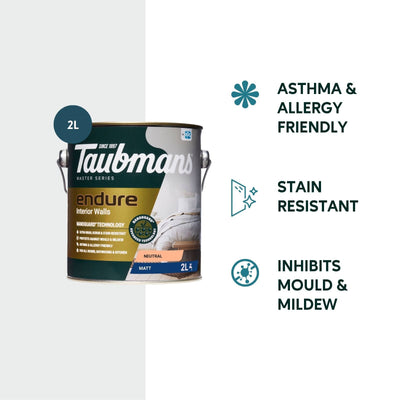 Taubmans 2L Neutral Matt Endure Interior Walls Paint - 2L - Water Based - Stain Resistant - Low Odour