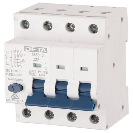 Deta 32A 3 Phase RCBO - 6kA High Breaking Capacity - 30mA Tripping - Auzzistore
