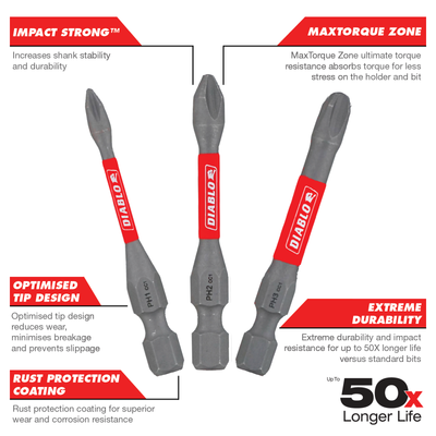 Diablo 2 PH Variety Power Bit 3 Pack - 2" Assorted Phillips Drive Bits - Durable