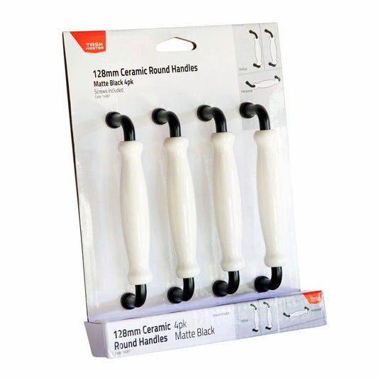 Taskmaster Ceramic Cabinet Handle 4 Pack - 128mm x 32mm - Matte Black on White
