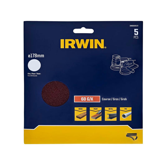 Irwin Quick Fit Random Orbital Sanding Discs 178mm 60 Grit 5 Pack - No Holes - Efficient Stock Removal - Auzzistore
