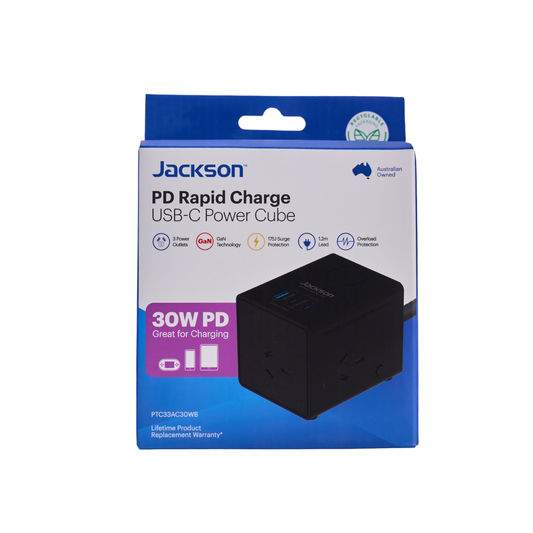 Jackson 3 Outlet Power Cube - 2 PD 30W USB-C & 1 USB-A - 1.2m Lead - Black