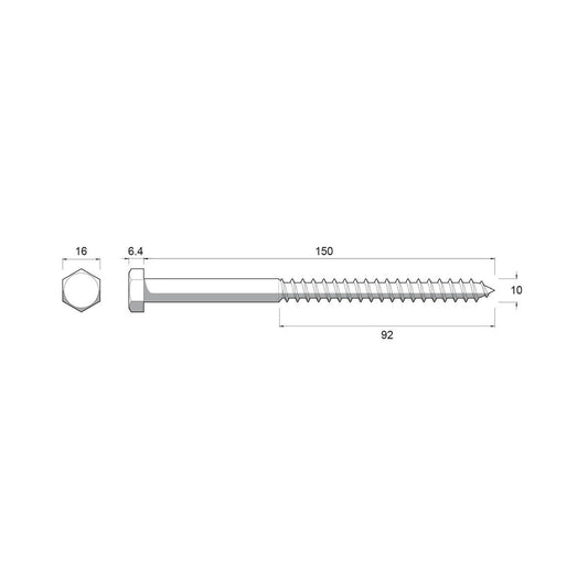 Zenith Hex Head Coach Screws - M10 x 150mm - Stainless Steel 304 - Heavy Duty – view 2 - Auzzistore