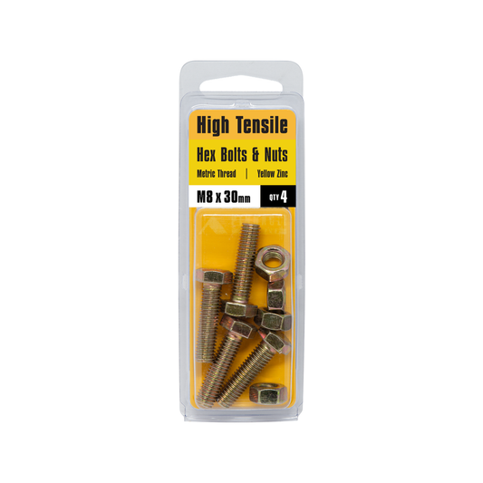 Pinnacle Hex Bolt and Nut - M8 x 30mm - Hi Tensile - Yellow Zinc - 4 Pack – view 2 - Auzzistore