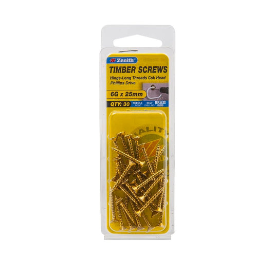 Zenith Timber Screws - 6g x 25mm - Brass Plated - Countersunk Head - 30 Pack - Auzzistore