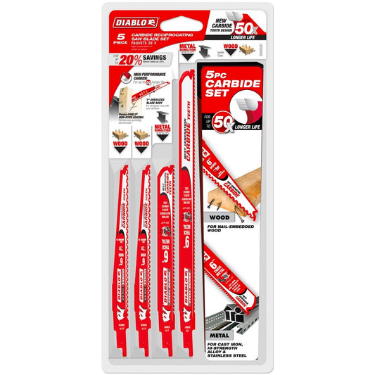 Diablo 5 Piece Demo Demon Carbide Reciprocating Saw Blade Set - 55mm x 15mm x 385mm - 50X Cutting Life - Durable & Efficient - Auzzistore