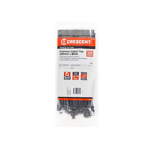 Crescent Heavy Duty Cable Ties - 300 x 8mm - Black - 100 Pack - Nylon - UV Resistant