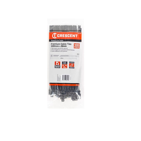 Crescent Heavy Duty Cable Ties - 300 x 8mm - Black - 100 Pack - Nylon - UV Resistant - Auzzistore