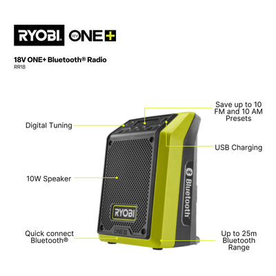 Ryobi 18V ONE+ Radio with Bluetooth RR18 - 75mm Speaker - 29 Hours Runtime