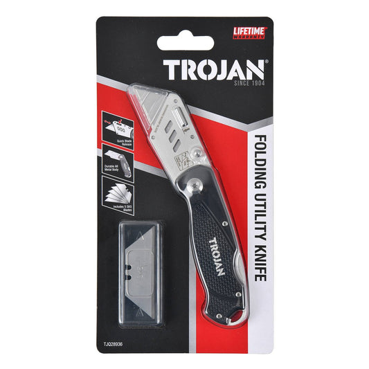 Trojan Folding Utility Knife - Compact Design - 5x SK5 Steel Blades - 150mm x 25mm x 190mm - Auzzistore