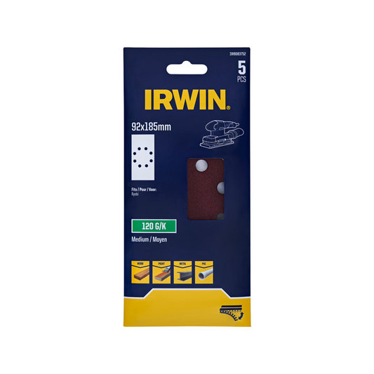 Irwin 92 x 185mm Orbital Sheets 5 Pack - 120 Grit - Aluminium Oxide - Smoothing - Auzzistore