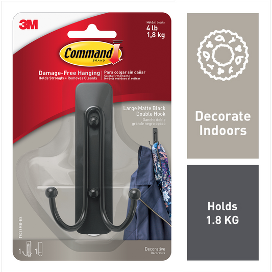 Command Matte Black Large Double Hook 1 Pack - 60mm x 105mm - Holds 1.8kg – view 2