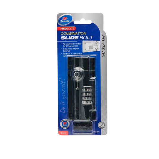 Zenith Black Combination Slide Bolt Lock - 50mm Steel - Rust Protective - Auzzistore