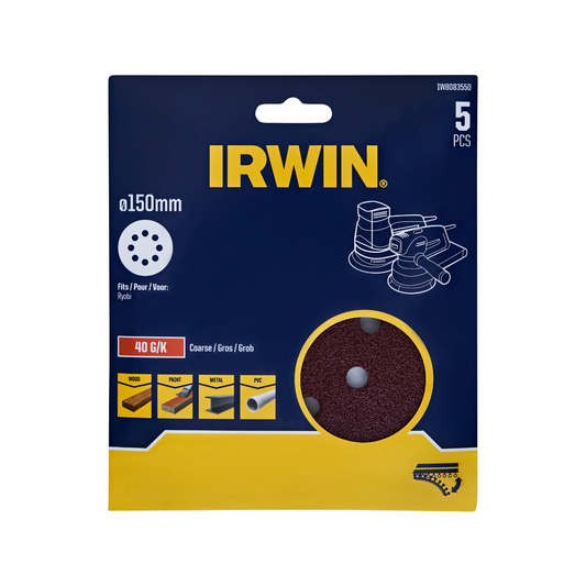 Irwin 150mm Quick Fit Random Orbital Sanding Discs 5 Pack - 40 Grit - Efficient Stock Removal - Auzzistore