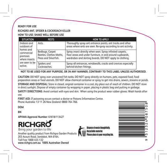 Richgro Ready to Use Ant Spider and Cockroach Killer 1L Liquid – view 2 - Auzzistore