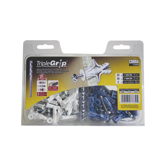 Cobra Assorted Triple Grip Anchor Kit 55 Pack - 175ke - Easy Installation - Secure Hold
