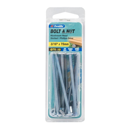 Zenith Mushroom Head Bolt & Nut - 3/16 x 75mm - 10 Pack - Zinc Plated - Auzzistore