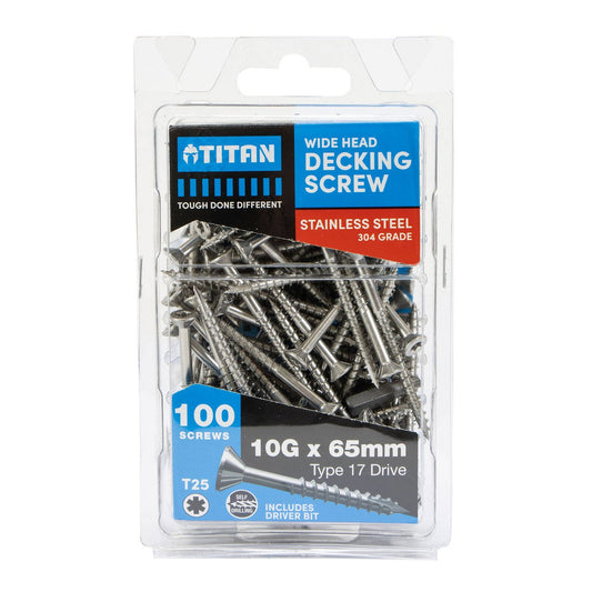Titan 10g x 65mm Wide Head Decking Screw 304 Stainless Steel - Pack of 100 - Durable for Decking - Auzzistore