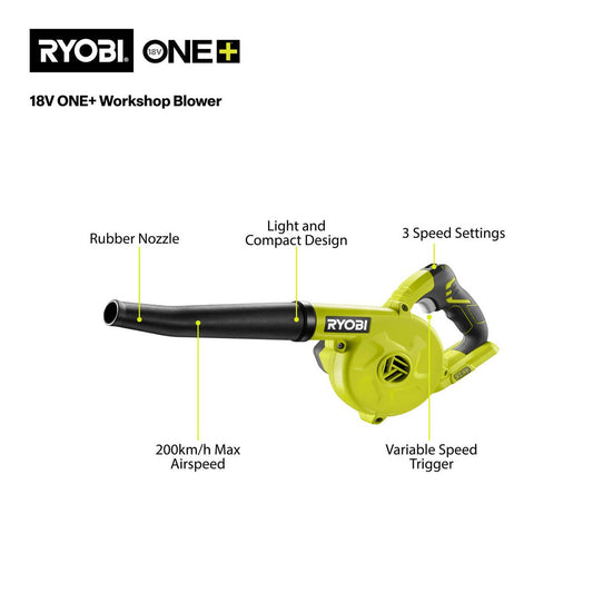Ryobi 18V ONE+ Workshop Blower Tool Only - 200 km/h - Lightweight - Black/Hypergreen – view 2 - Auzzistore