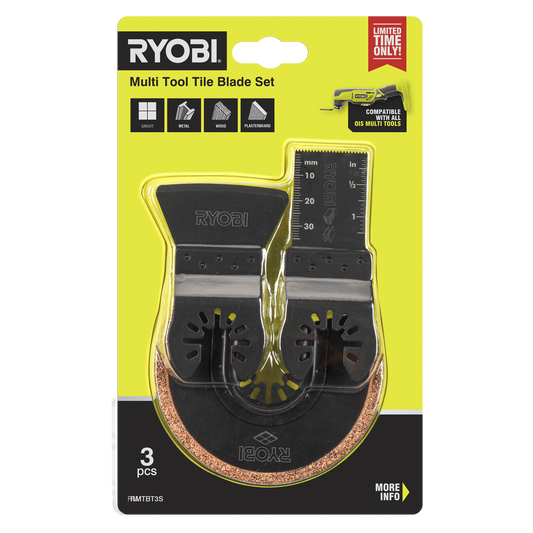 Ryobi 3 Piece Multi Tool Tile Blade Set - 91mm Grout Removal Blade - Versatile Cutting - Auzzistore