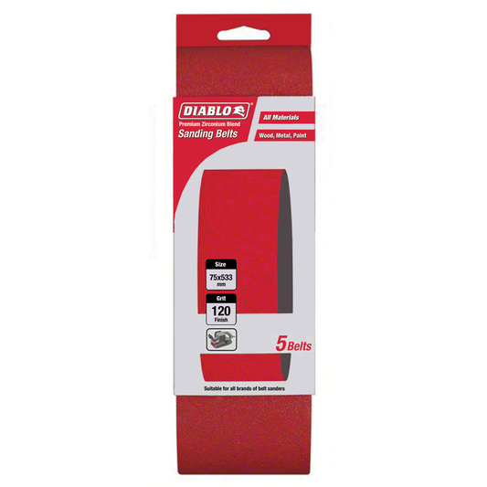 Diablo 120 Grit Abrasive Belt 5 Pack - 75 x 533mm - Red - Auzzistore