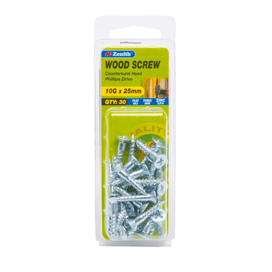 Zenith 10G x 25mm Zinc Plated Countersunk Head Wood Screws – 30 Pack - Auzzistore