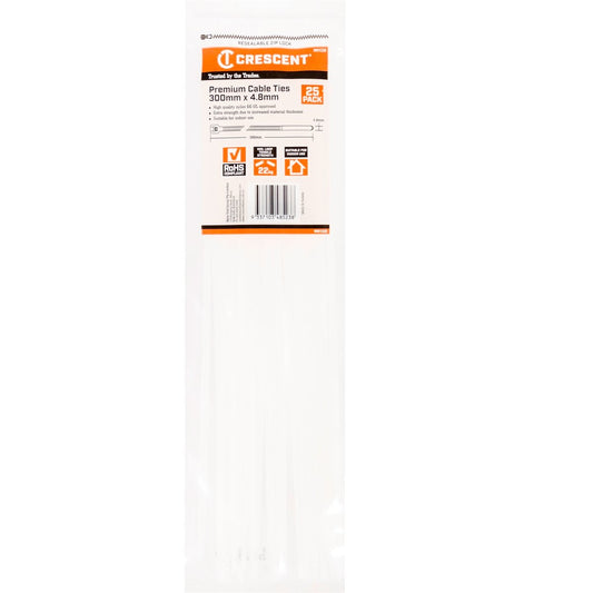 Crescent Cable Ties - 300 x 4.8mm - White - 25 Pack - Nylon - Self-Locking