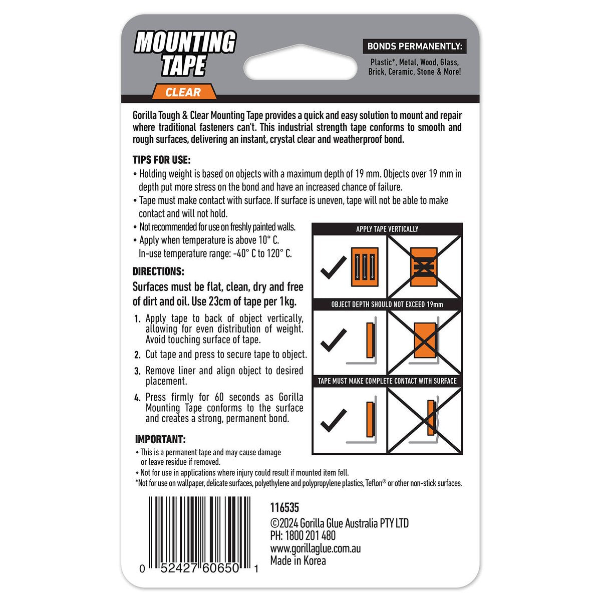 Gorilla Clear Mounting Tape 1.5m Adhesive Strong Hold Weatherproof