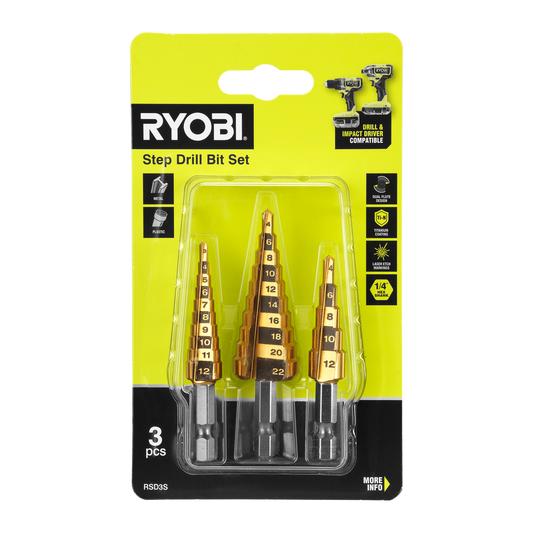 Ryobi 3 Piece Step Drill Bit Set - 5 Step (4mm-12mm) & 10 Step (3mm-22mm) - Titanium Nitride Coating - Precision Drilling - Auzzistore
