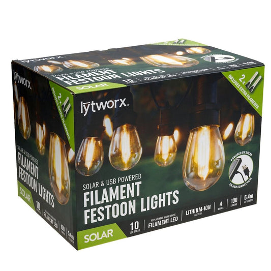 Lytworx Festoon Lights - 5.4m - Solar/USB - 10 LED Bulbs - Auzzistore