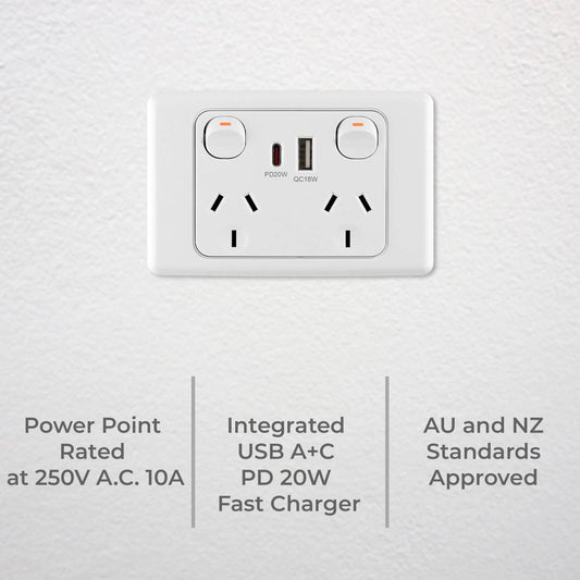 Deta 6000 Double Power Point with USB A+C PD20W Fast Charging - 250V - White - Efficient Charging for Multiple Devices – view 2 - Auzzistore