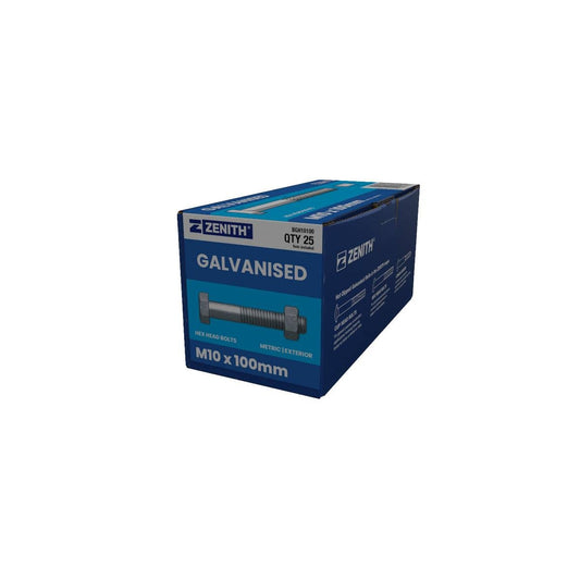 Zenith Hex Head Bolt - M10 x 100mm - Hot Dip Galvanised - 25 Pack - Auzzistore