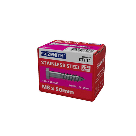 Zenith Coach Screws - M8 x 50mm - Stainless Steel 304 - Heavy Duty - 12 Pack - Auzzistore