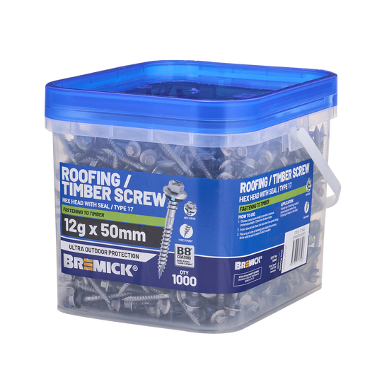 Bremick Hex Roofing Screw - 12g x 50mm - 1000 Box - Watertight Seal - Corrosion Resistant - Auzzistore
