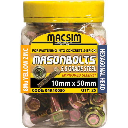 Macsim Sleeve Anchor - 10mm x 50mm - 5.8 Grade Steel - High Tension - 25 Pack - Auzzistore