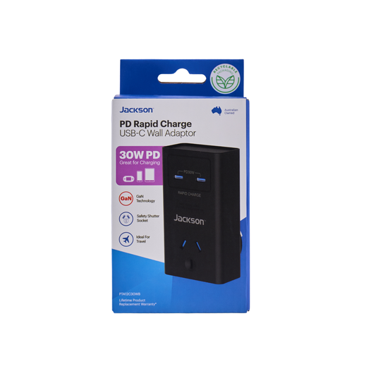 Jackson 1 Outlet Adaptor USB-C 30W x2 - Compact White - Child Safe