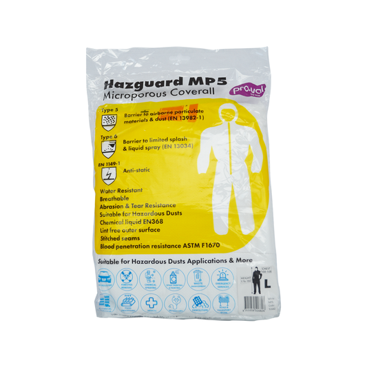 Pro Val Hazguard MP5 Disposable Coverall - Size Large - Microporous Fabric - Type 5 & 6 Protection