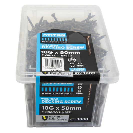 Titan 10g x 50mm Weather Force Wide Head Decking Screws - Pack of 1000 - Galvanised - Corrosion Resistant - Auzzistore