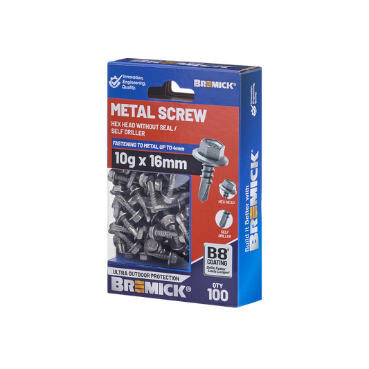 Bremick Metal Hex Screw 10g x 16mm - Box of 100 - Self-Drilling - B8 Coating - Auzzistore