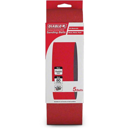 Diablo 80 Grit Abrasive Belt 75 x 533mm 5 Pack Premium Zirconium Blend - Auzzistore