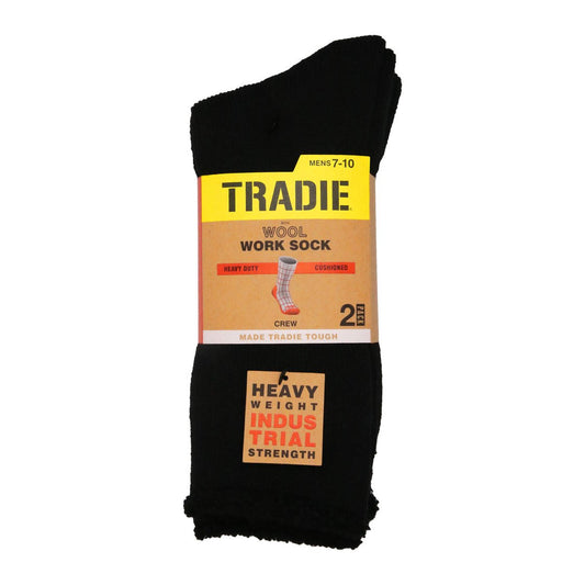 Tradie Men’s Black Wool Crew Socks 2 Pack Size 7-10 - Comfort & Durability