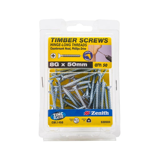 Zenith Hinge Long Thread Screw - 8g x 50mm - Zinc Plated - Countersunk - 50 Pack - Auzzistore