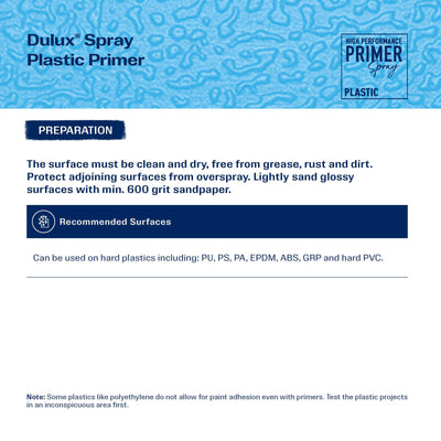 Dulux Spray Paint Plastic Primer 300g - Quick Drying - 0.3L - 2m² Coverage