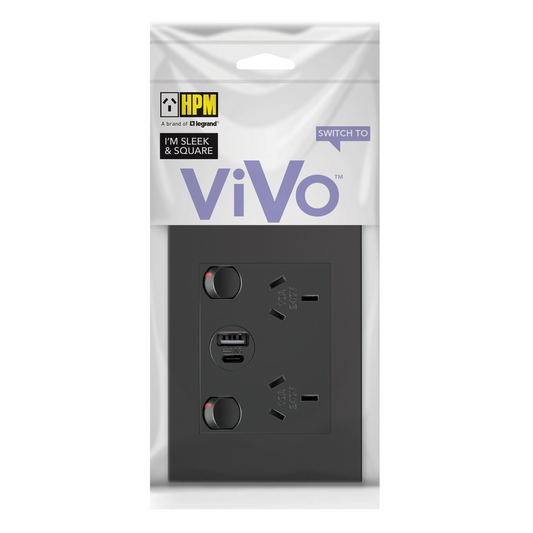 HPM Black Vivo Double Powerpoint - 2 Outlets - 15W USB Charger – view 2 - Auzzistore